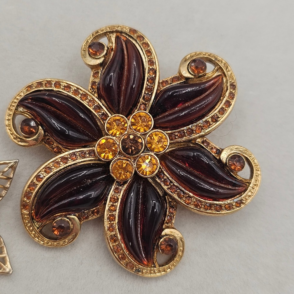 Floral Brooch 2pc Rhinestone Gold Tone Brown Rootbeer Lucite Lot Pins Autumn - Picture 6 of 10